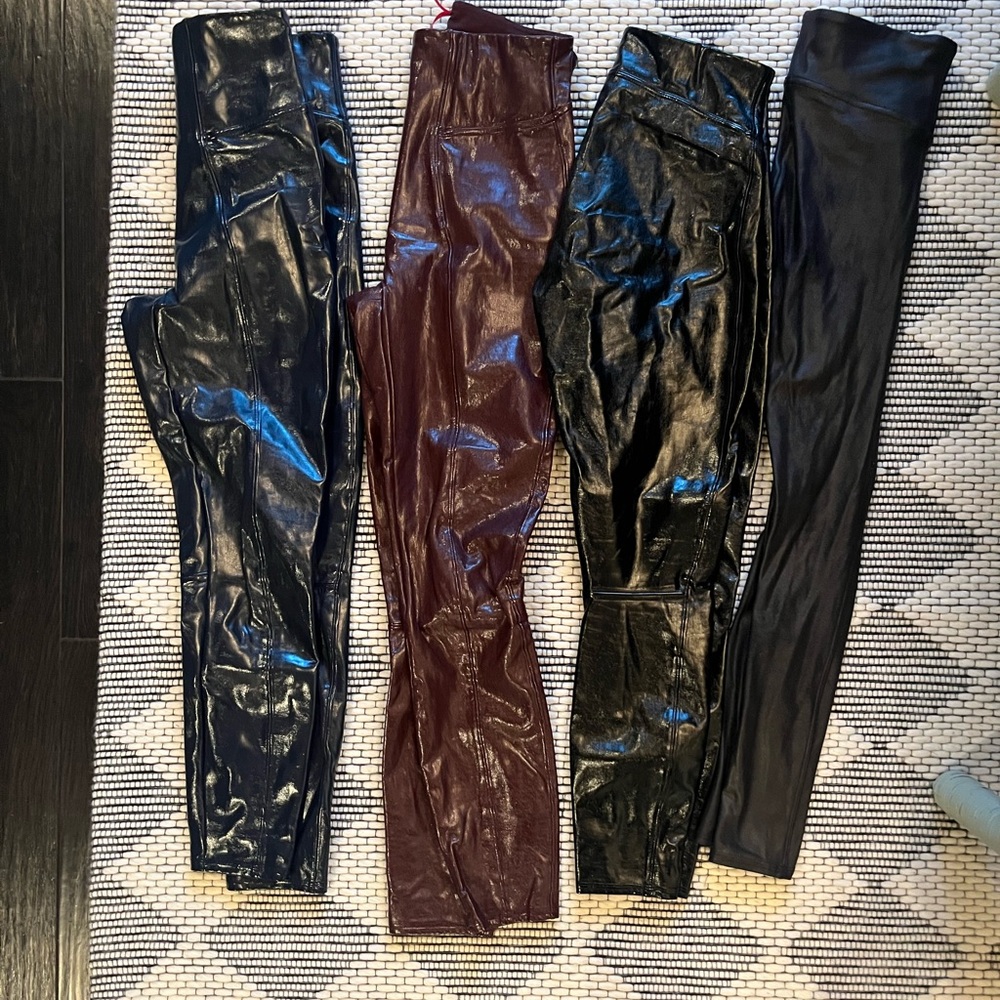 SPANX Black Glossy/Matte and Maroon Glossy Leggings Set Small